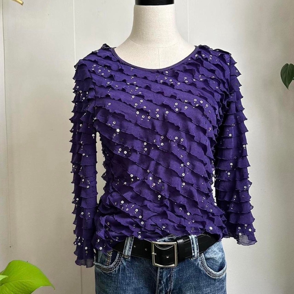 Notations Petite Purple Sequin Ruffle Mesh Top 3/4 Sleeve Y2K Mermaid Small